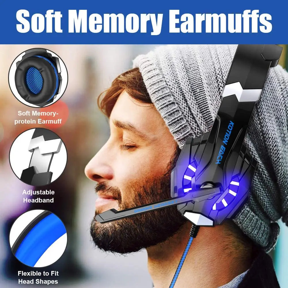 KOTION EACH Casque de jeu Casque Deep Bass stéréo Casque de jeu avec microphone Lumière LED pour PS4 Phone Laptop PC Gamer