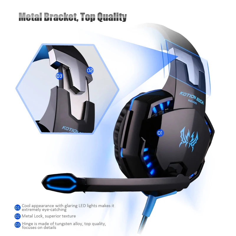 Casque de jeu G2000 Basse profonde Casque stéréo Casque filaire Écouteur lumineux avec microphone pour PS5 PS4 XBOX PC Ordinateur portable