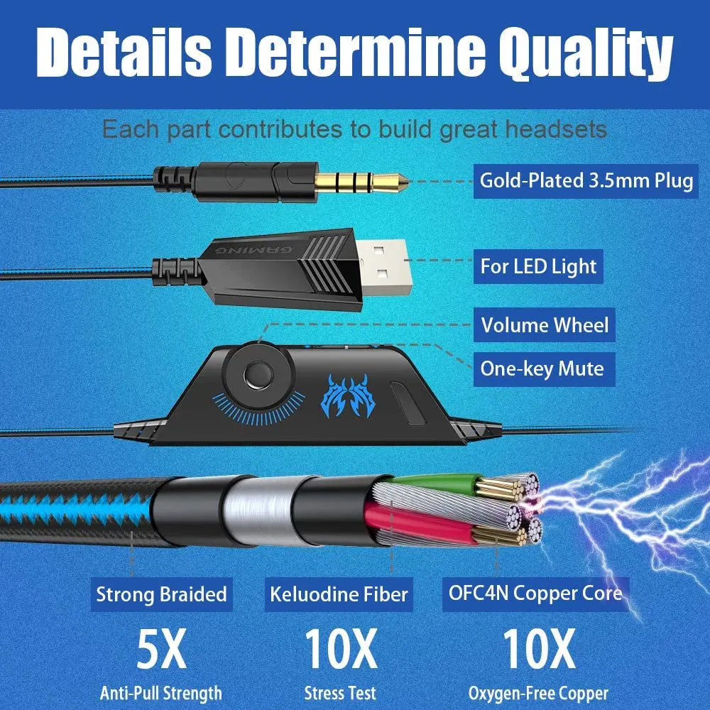 KOTION EACH Casque de jeu Casque Deep Bass stéréo Casque de jeu avec microphone Lumière LED pour PS4 Phone Laptop PC Gamer