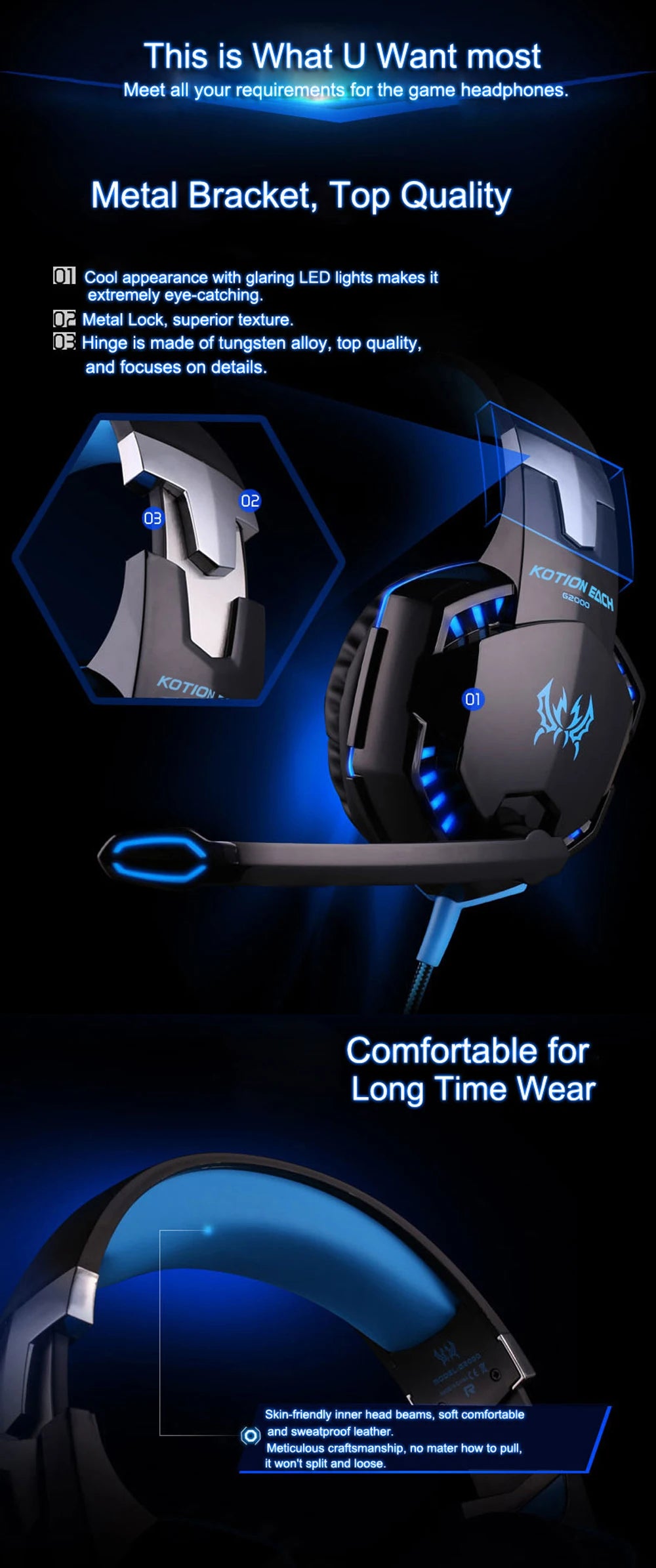 Casque de jeu G2000 Basse profonde Casque stéréo Casque filaire Écouteur lumineux avec microphone pour PS5 PS4 XBOX PC Ordinateur portable