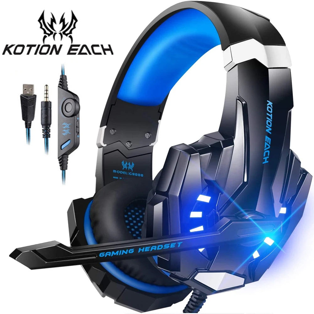 KOTION EACH Casque de jeu Casque Deep Bass stéréo Casque de jeu avec microphone Lumière LED pour PS4 Phone Laptop PC Gamer