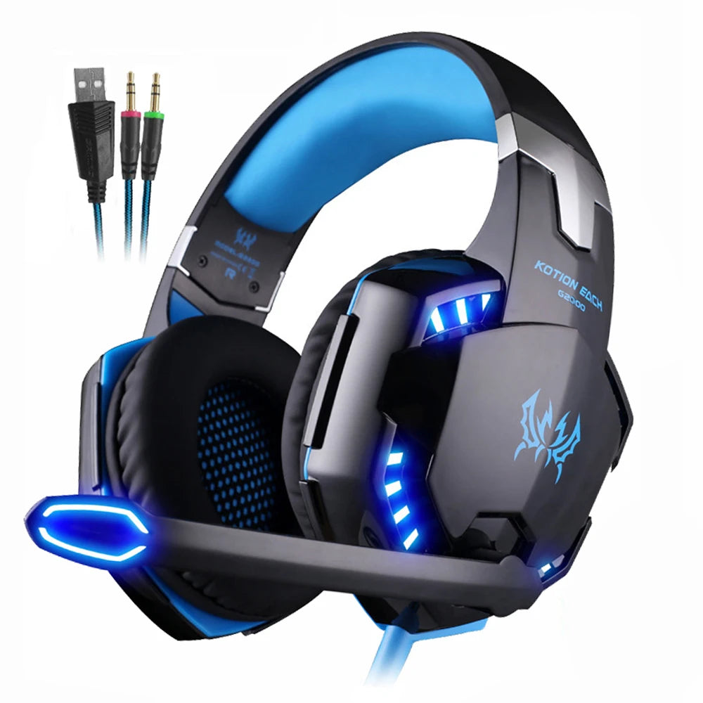 KOTION EACH Casque de jeu Casque Deep Bass stéréo Casque de jeu avec microphone Lumière LED pour PS4 Phone Laptop PC Gamer