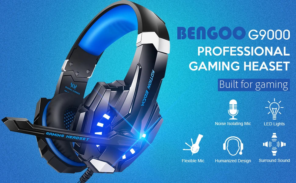 KOTION EACH Casque de jeu Casque Deep Bass stéréo Casque de jeu avec microphone Lumière LED pour PS4 Phone Laptop PC Gamer