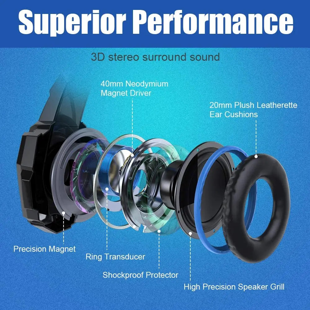 KOTION EACH Casque de jeu Casque Deep Bass stéréo Casque de jeu avec microphone Lumière LED pour PS4 Phone Laptop PC Gamer