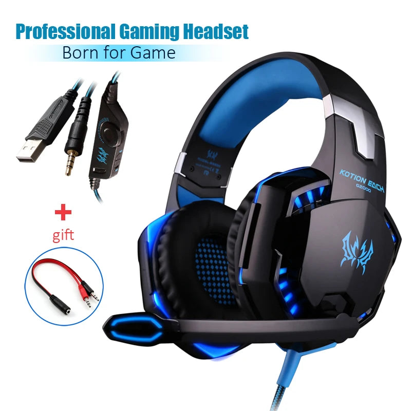 Casque de jeu G2000 Basse profonde Casque stéréo Casque filaire Écouteur lumineux avec microphone pour PS5 PS4 XBOX PC Ordinateur portable