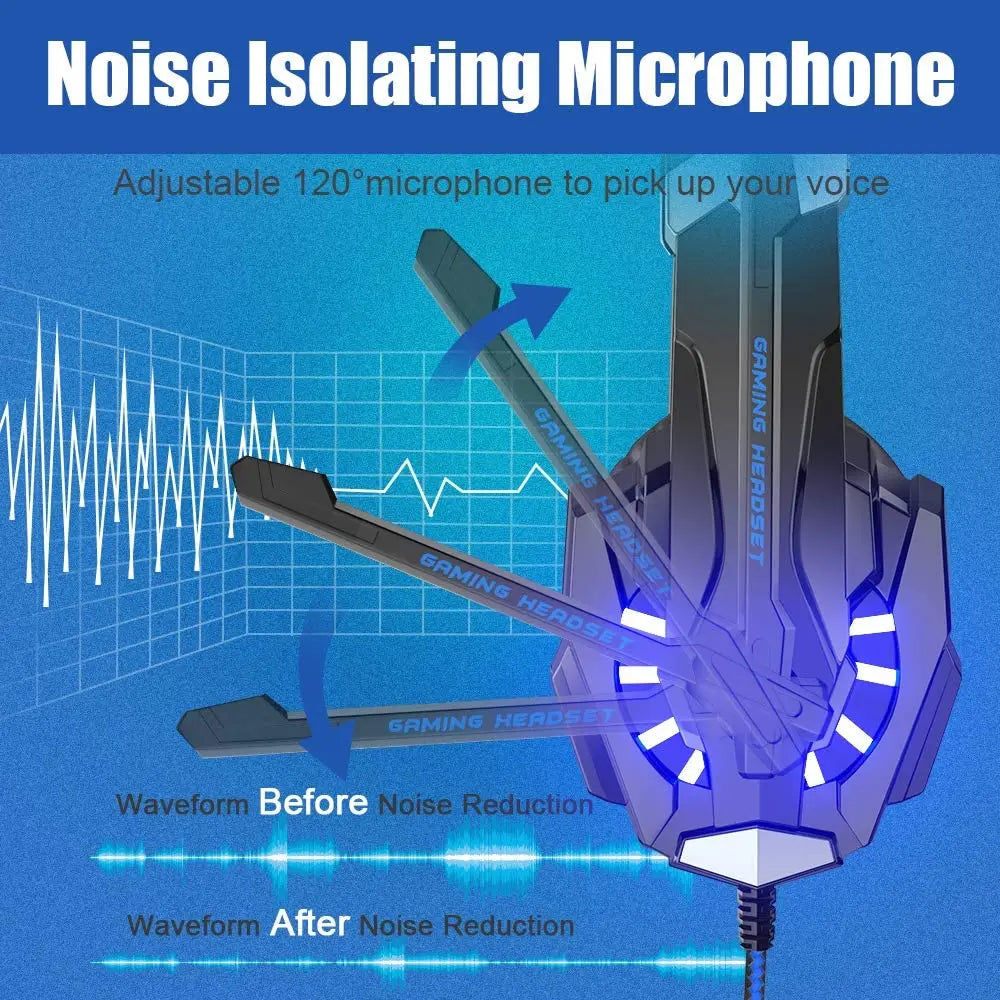 KOTION EACH Casque de jeu Casque Deep Bass stéréo Casque de jeu avec microphone Lumière LED pour PS4 Phone Laptop PC Gamer
