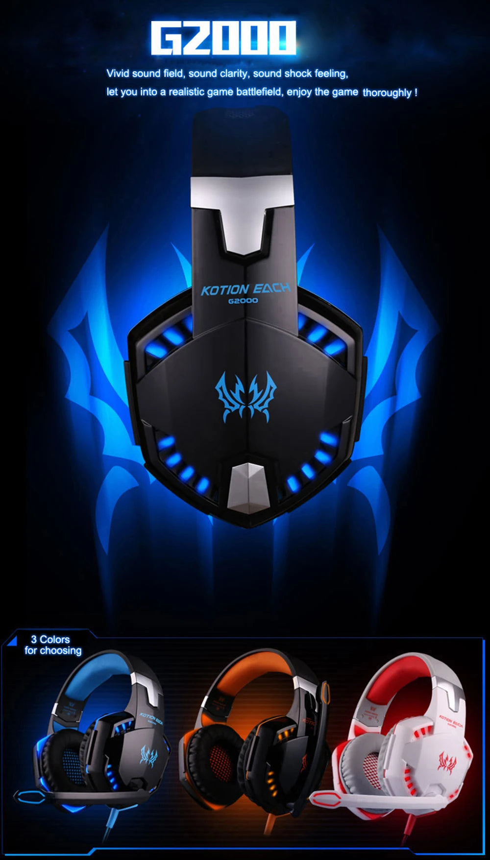 KOTION EACH Casque de jeu Casque Deep Bass stéréo Casque de jeu avec microphone Lumière LED pour PS4 Phone Laptop PC Gamer