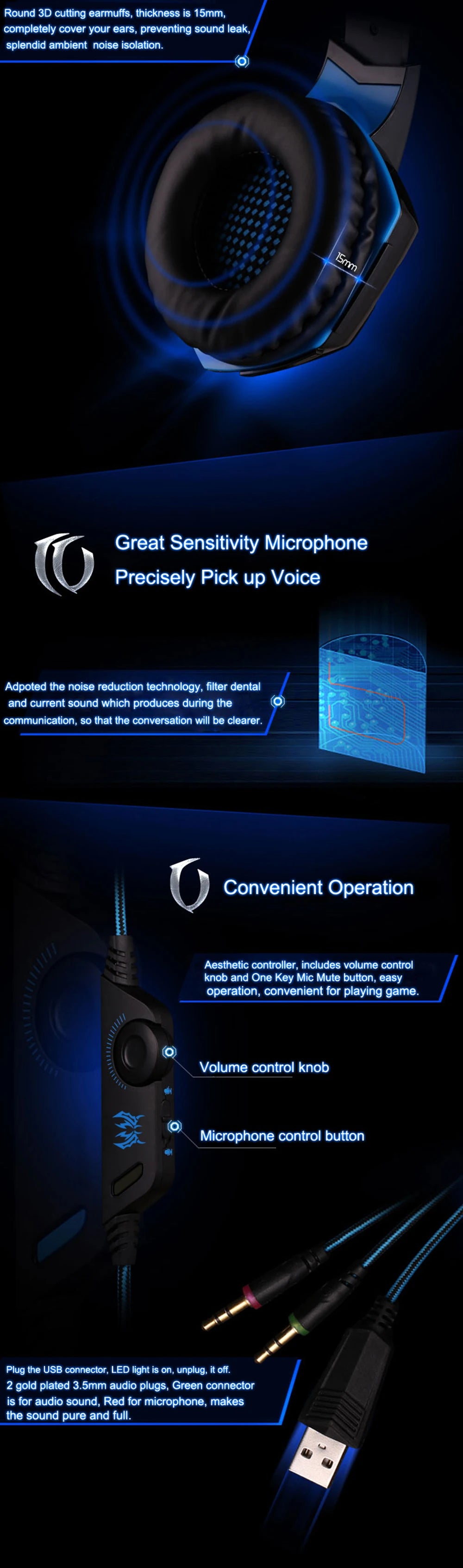 KOTION EACH Casque de jeu Casque Deep Bass stéréo Casque de jeu avec microphone Lumière LED pour PS4 Phone Laptop PC Gamer