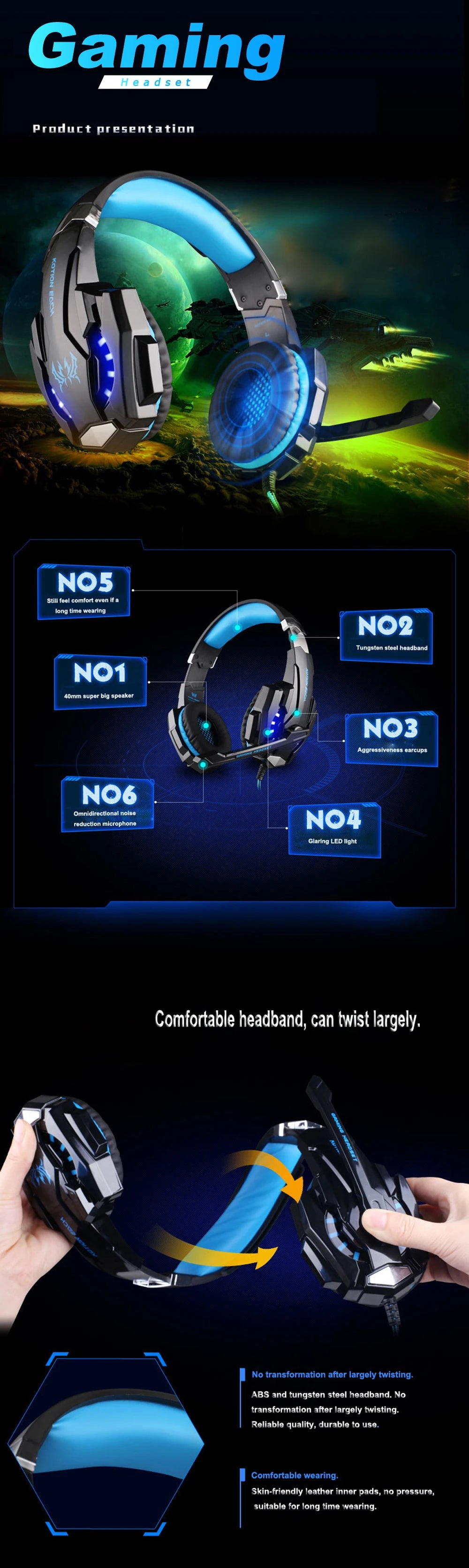 Casque de jeu G2000 Basse profonde Casque stéréo Casque filaire Écouteur lumineux avec microphone pour PS5 PS4 XBOX PC Ordinateur portable