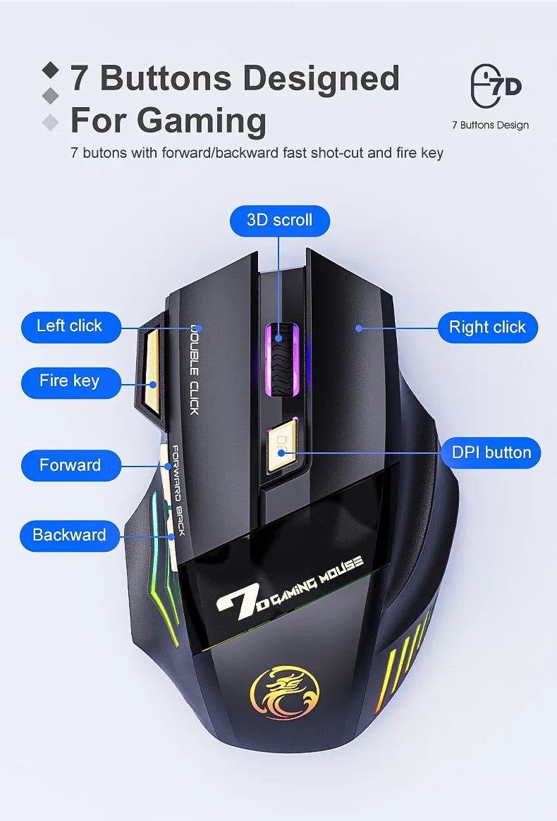 Souris de jeu sans fil USB IMICE GW-X7 3200DPI Double mode Rechargeable 7 touches 2.4Ghz Souris silencieuse Bluetooth LED de respiration 7 couleurs