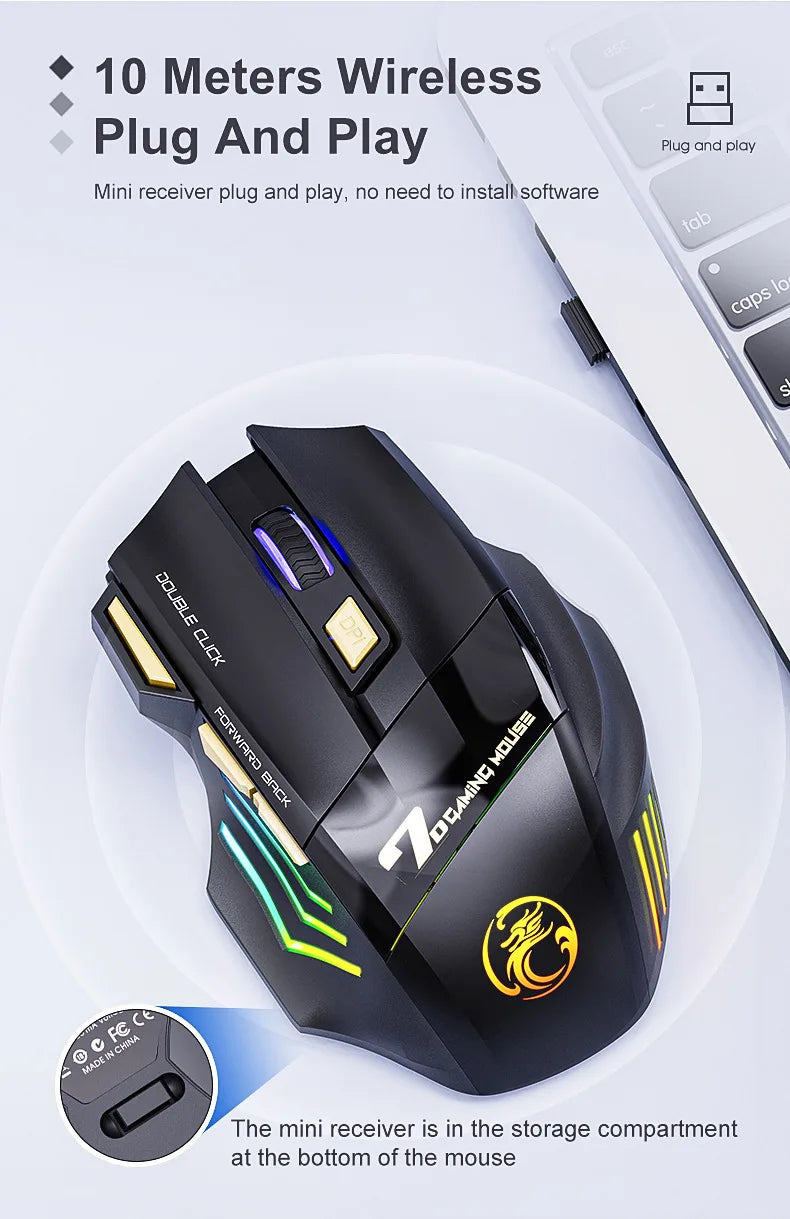 Souris de jeu sans fil USB IMICE GW-X7 3200DPI Double mode Rechargeable 7 touches 2.4Ghz Souris silencieuse Bluetooth LED de respiration 7 couleurs