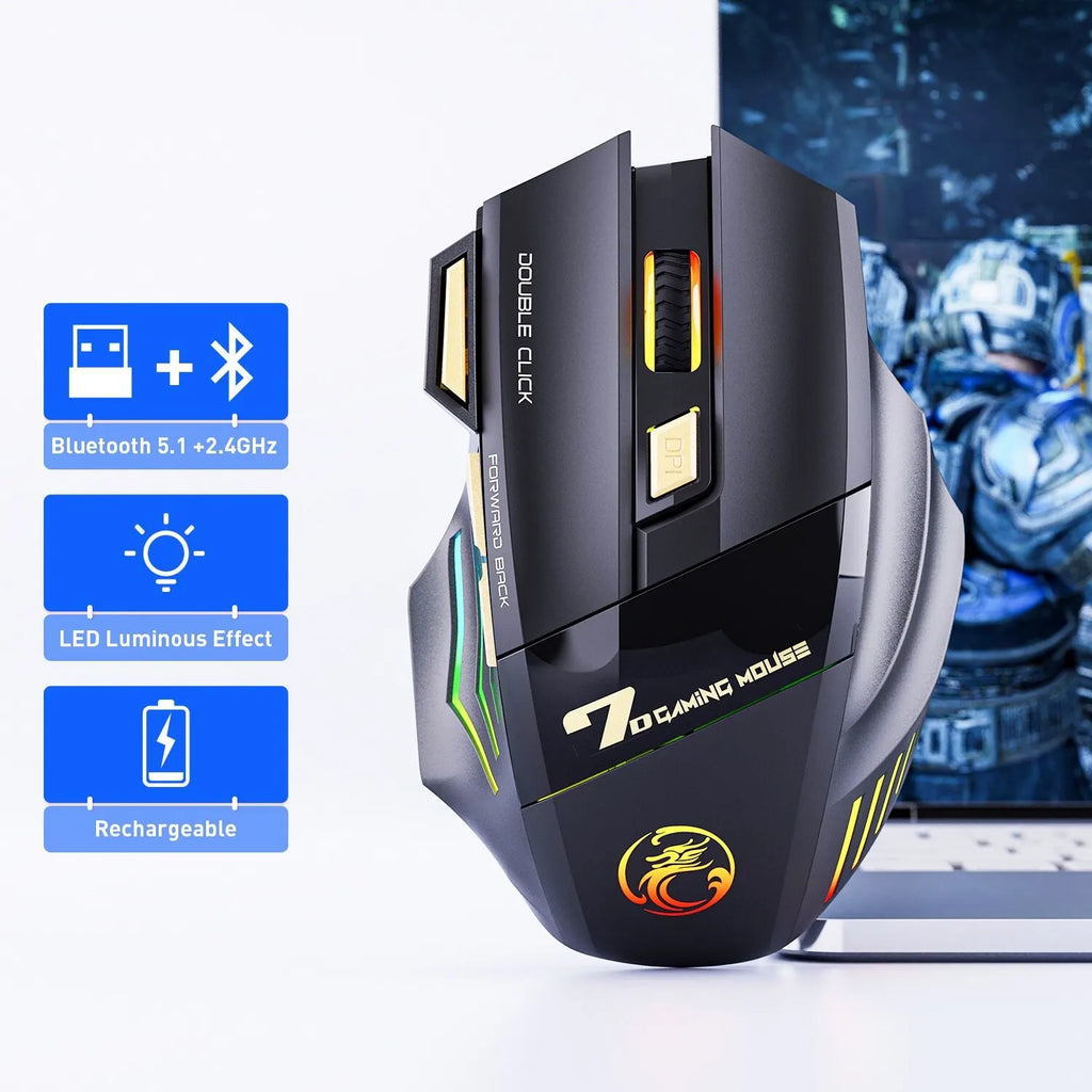 Souris de jeu sans fil USB IMICE GW-X7 3200DPI Double mode Rechargeable 7 touches 2.4Ghz Souris silencieuse Bluetooth LED de respiration 7 couleurs