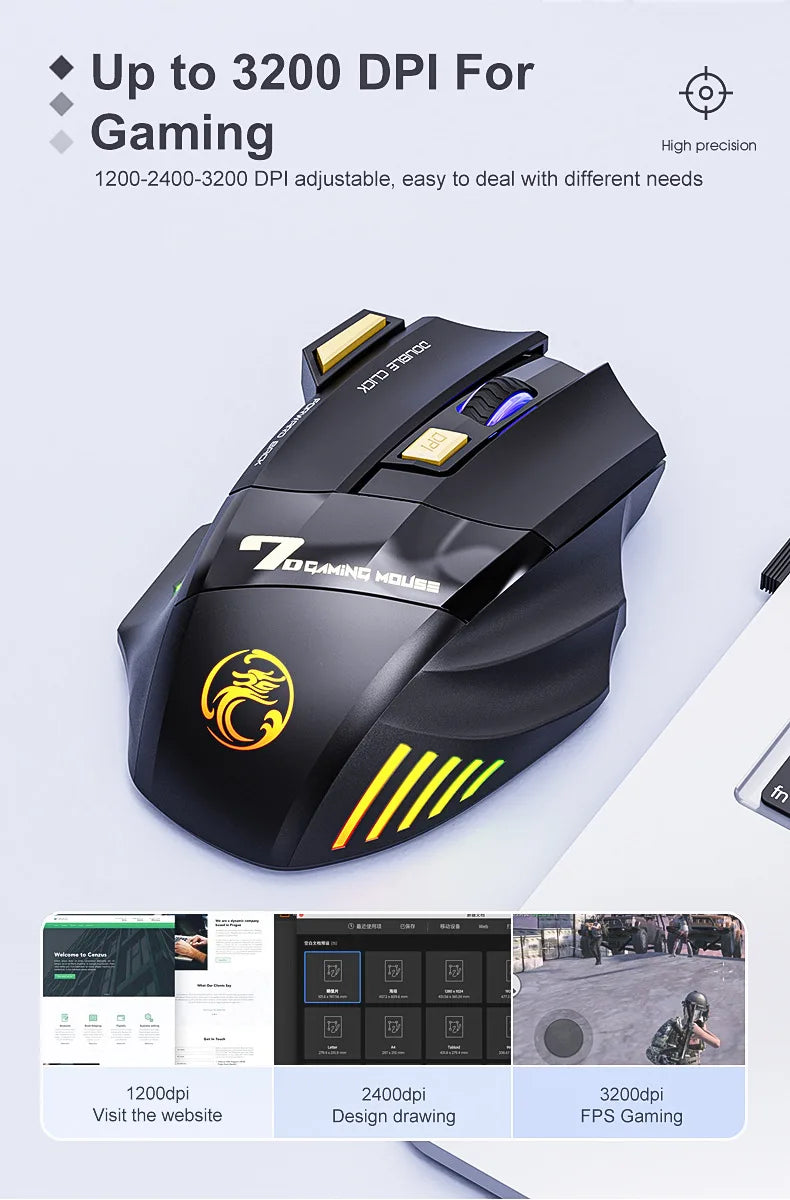 Souris de jeu sans fil USB IMICE GW-X7 3200DPI Double mode Rechargeable 7 touches 2.4Ghz Souris silencieuse Bluetooth LED de respiration 7 couleurs