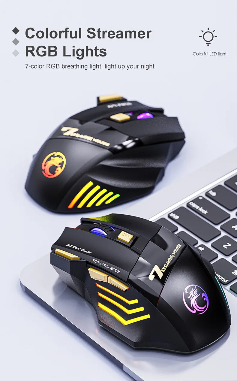 Souris de jeu sans fil USB IMICE GW-X7 3200DPI Double mode Rechargeable 7 touches 2.4Ghz Souris silencieuse Bluetooth LED de respiration 7 couleurs
