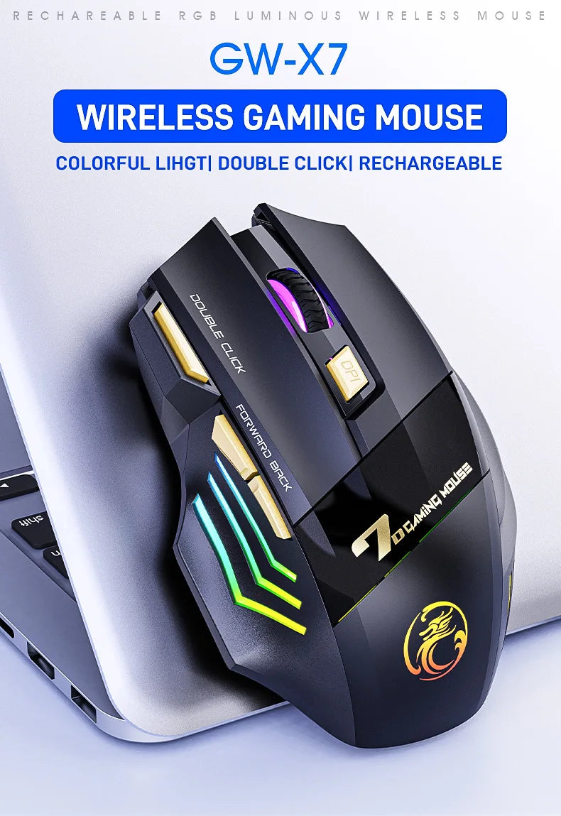 Souris de jeu sans fil USB IMICE GW-X7 3200DPI Double mode Rechargeable 7 touches 2.4Ghz Souris silencieuse Bluetooth LED de respiration 7 couleurs