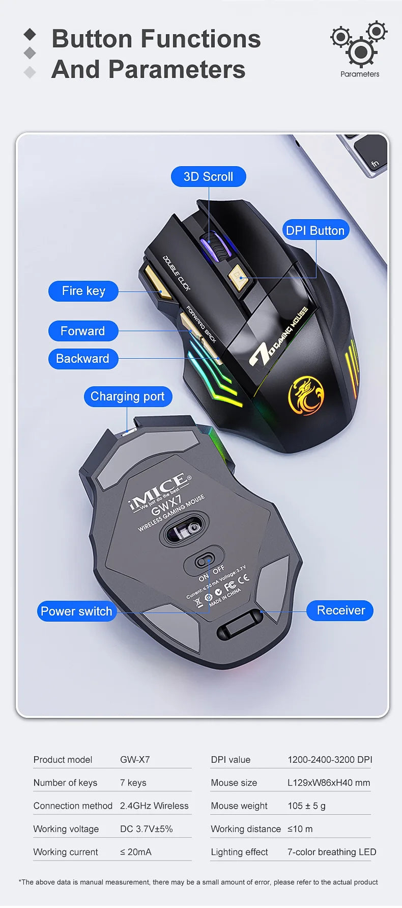 Souris de jeu sans fil USB IMICE GW-X7 3200DPI Double mode Rechargeable 7 touches 2.4Ghz Souris silencieuse Bluetooth LED de respiration 7 couleurs